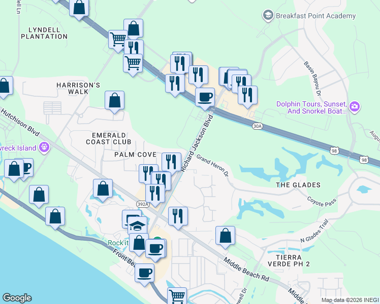 map of restaurants, bars, coffee shops, grocery stores, and more near Richard Jackson Boulevard in Panama City Beach