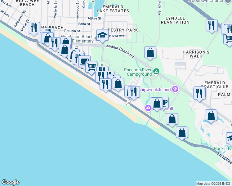 map of restaurants, bars, coffee shops, grocery stores, and more near 12520 Front Beach Road in Panama City Beach