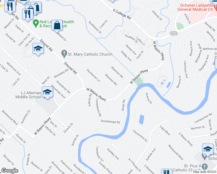 map of restaurants, bars, coffee shops, grocery stores, and more near 305 Ducharme Lane in Lafayette
