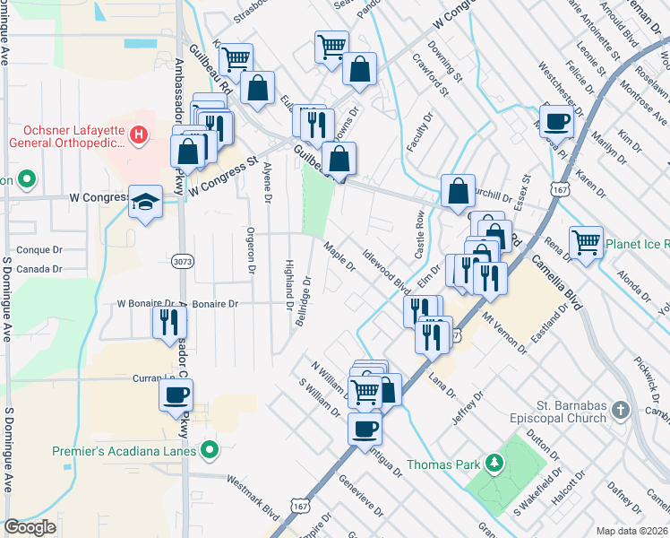 map of restaurants, bars, coffee shops, grocery stores, and more near 200 Cottonwood Drive in Lafayette