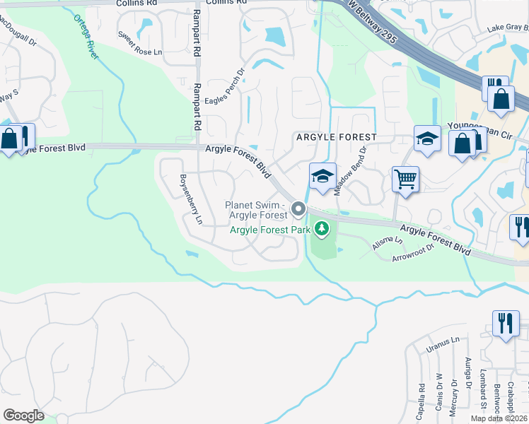 map of restaurants, bars, coffee shops, grocery stores, and more near 7137 Prestwick Circle North in Jacksonville