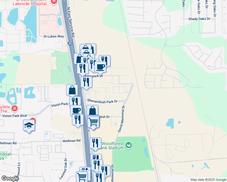 map of restaurants, bars, coffee shops, grocery stores, and more near 8787 Shenandoah Park Drive in Shenandoah