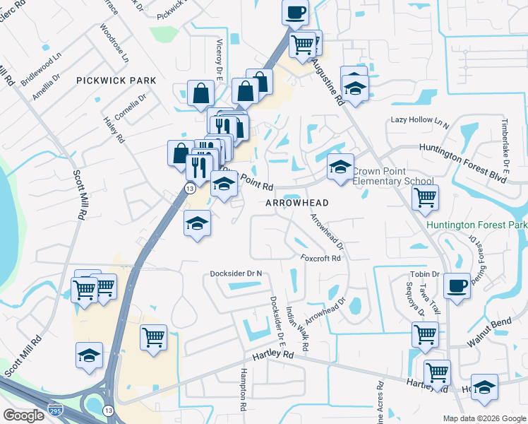 map of restaurants, bars, coffee shops, grocery stores, and more near 3720 Buffalo Landing Court in Jacksonville