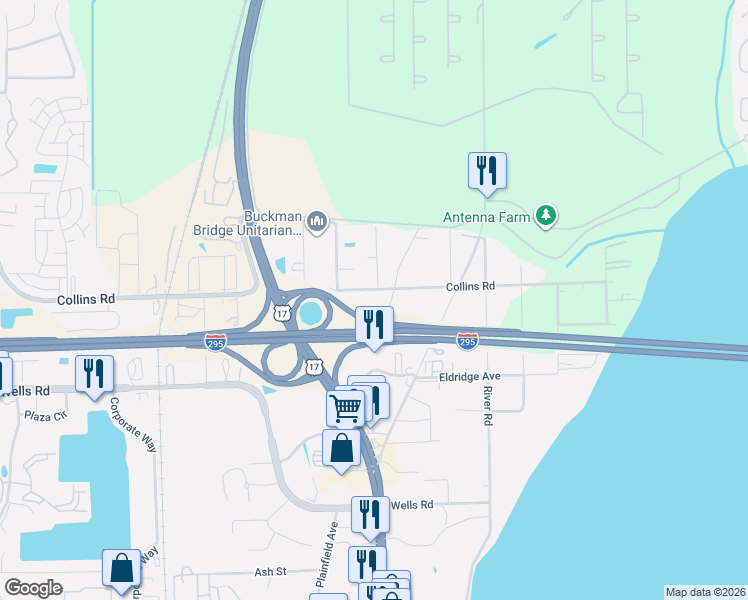 map of restaurants, bars, coffee shops, grocery stores, and more near 8494 Seville Avenue in Jacksonville