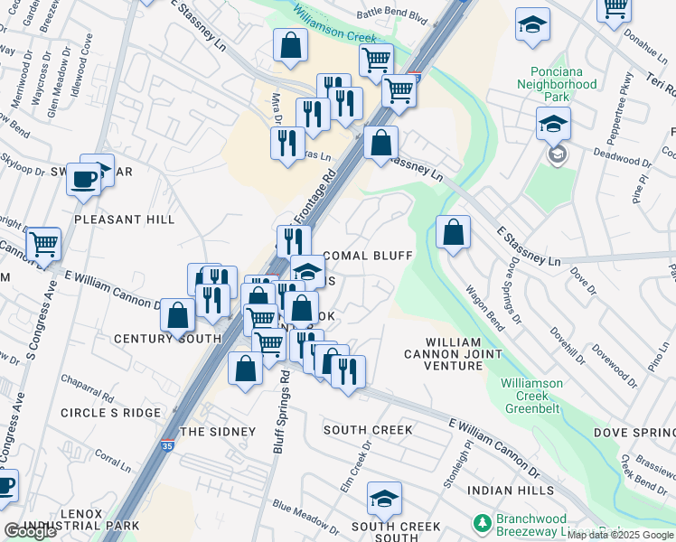 map of restaurants, bars, coffee shops, grocery stores, and more near 6201 South Interstate 35 Frontage Road in Austin