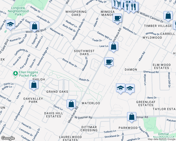 map of restaurants, bars, coffee shops, grocery stores, and more near 7810 Beauregard Circle in Austin