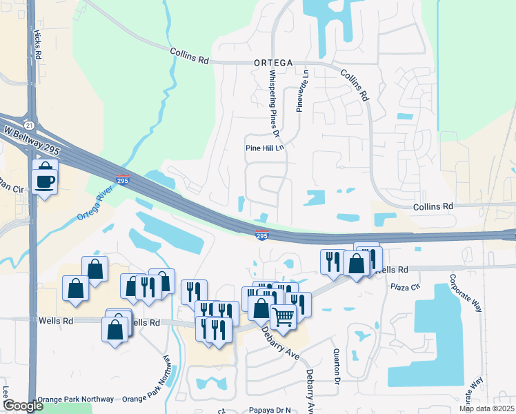 map of restaurants, bars, coffee shops, grocery stores, and more near 5572 Greatpine Lane South in Jacksonville