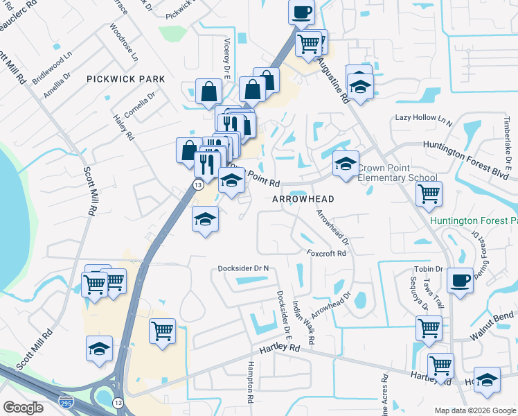 map of restaurants, bars, coffee shops, grocery stores, and more near 3720 Buffalo Landing Court in Jacksonville