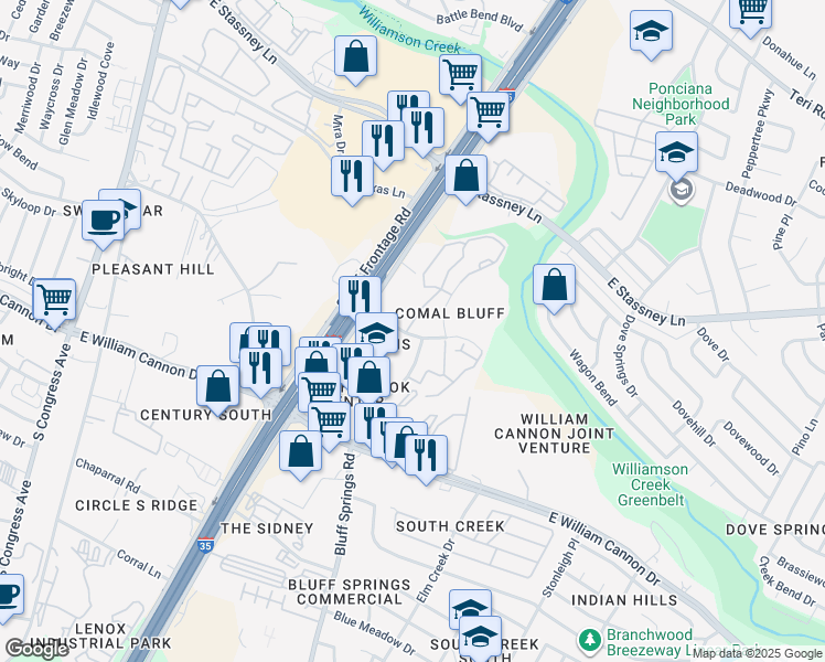 map of restaurants, bars, coffee shops, grocery stores, and more near 6201 South Interstate 35 Frontage Road in Austin