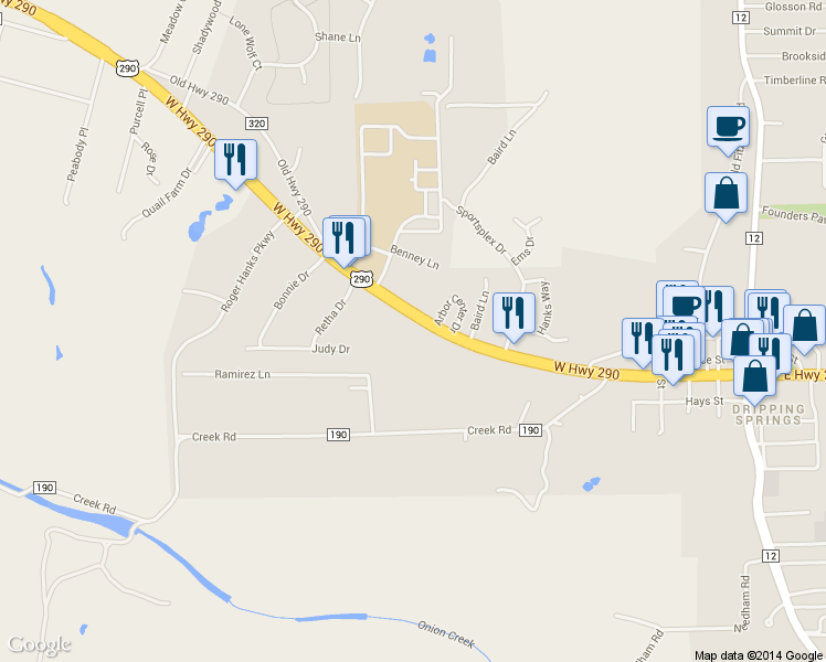 map of restaurants, bars, coffee shops, grocery stores, and more near 911 U.S. 290 in Dripping Springs