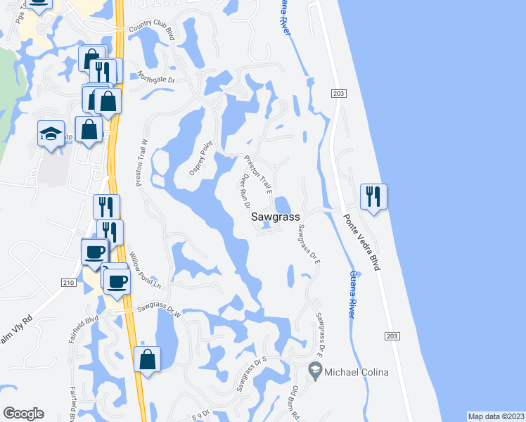 map of restaurants, bars, coffee shops, grocery stores, and more near 243 Deer Run Lane in Ponte Vedra