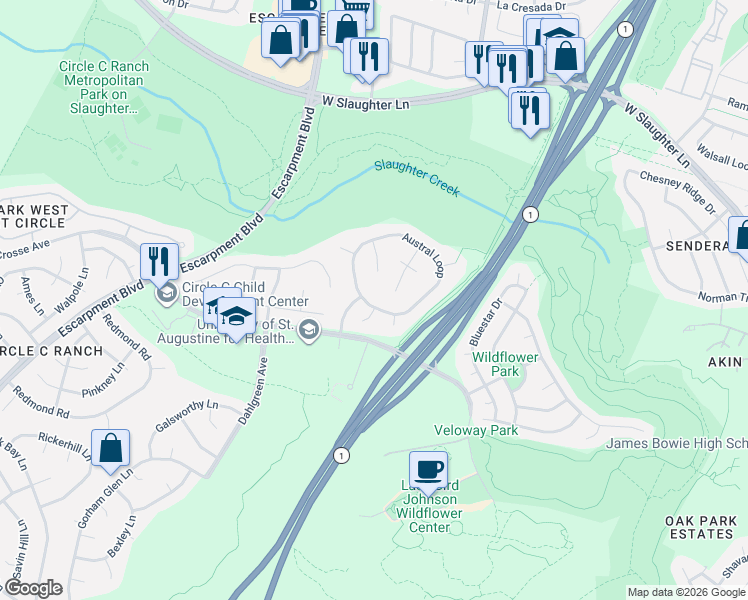 map of restaurants, bars, coffee shops, grocery stores, and more near 5205 Austral Loop in Austin
