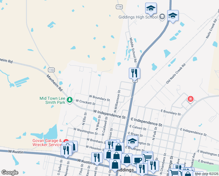map of restaurants, bars, coffee shops, grocery stores, and more near 401 West Boundary Street in Giddings
