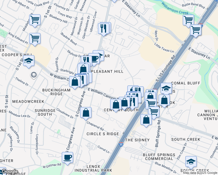map of restaurants, bars, coffee shops, grocery stores, and more near 412 East William Cannon Drive in Austin