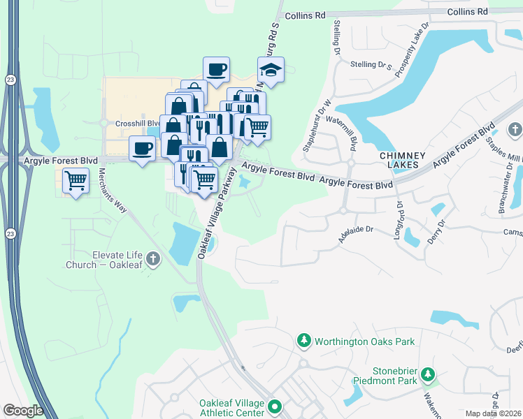 map of restaurants, bars, coffee shops, grocery stores, and more near 8702 Ribbon Falls Lane in Jacksonville