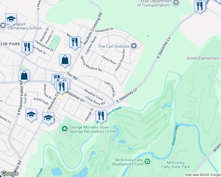 map of restaurants, bars, coffee shops, grocery stores, and more near 5708 Lark Creek Drive in Austin
