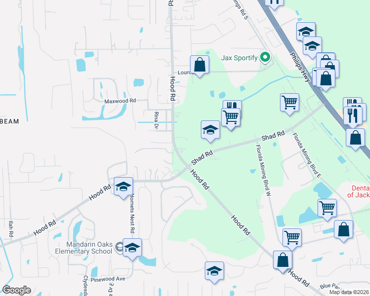 map of restaurants, bars, coffee shops, grocery stores, and more near 5028 Lindion Court in Jacksonville