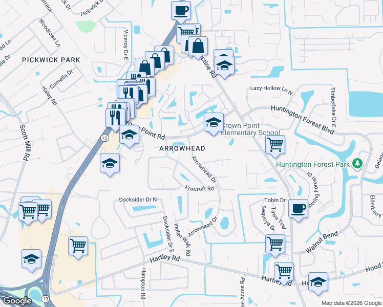 map of restaurants, bars, coffee shops, grocery stores, and more near 10152 Arrowhead Drive in Jacksonville