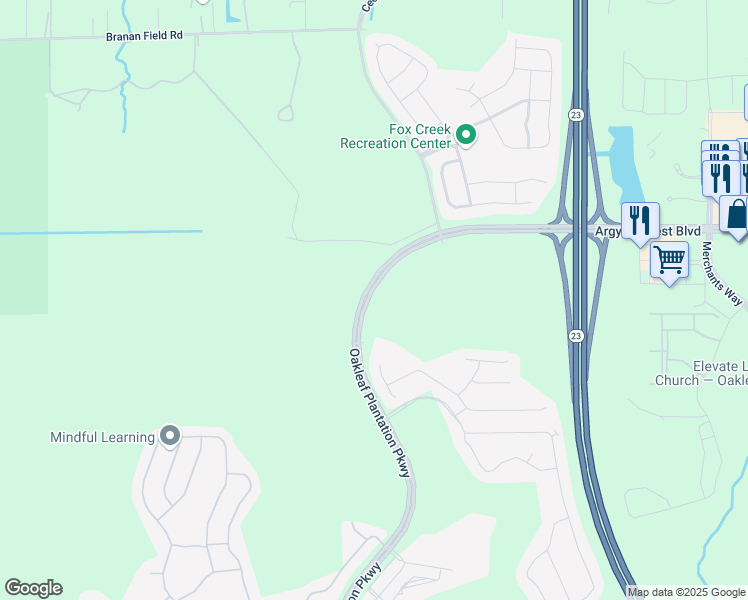 map of restaurants, bars, coffee shops, grocery stores, and more near 417 Oakleaf Plantation Parkway in Jacksonville