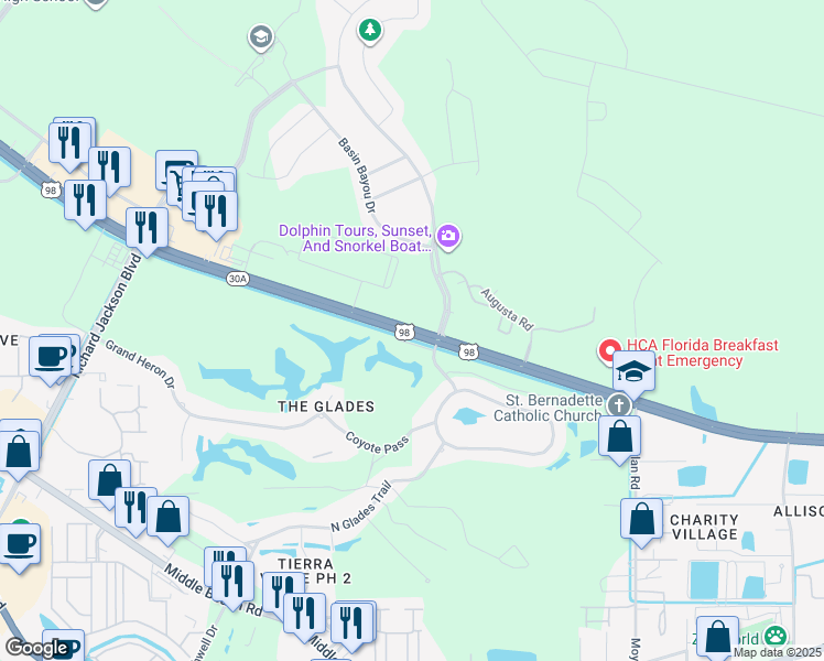 map of restaurants, bars, coffee shops, grocery stores, and more near 9700 Panama City Beach Parkway in Panama City Beach