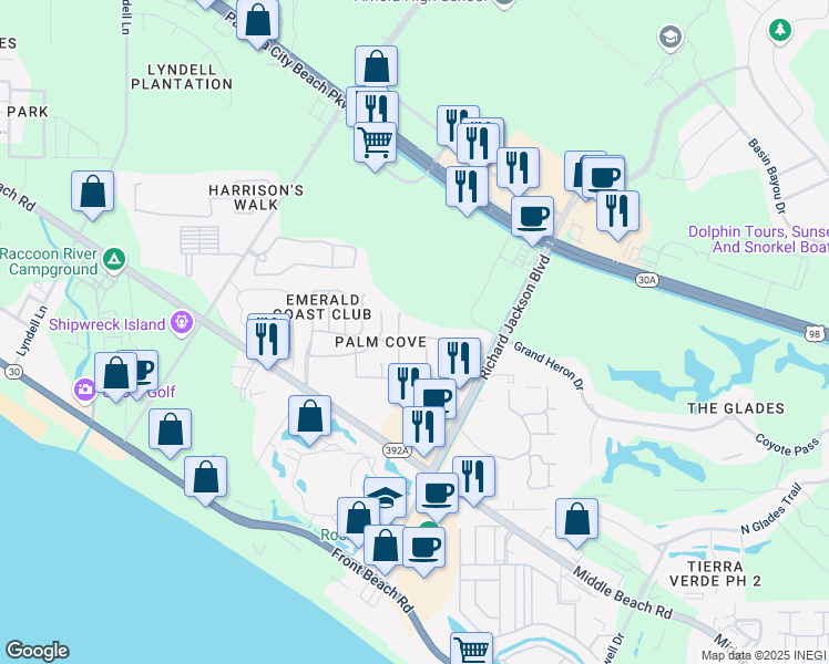 map of restaurants, bars, coffee shops, grocery stores, and more near 146 White Cap Way in Panama City