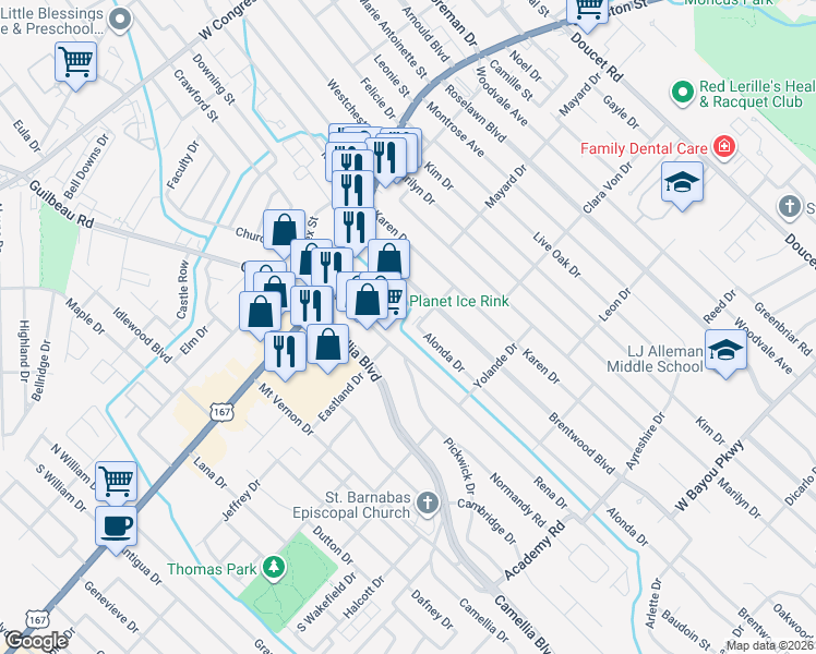 map of restaurants, bars, coffee shops, grocery stores, and more near 301 Kingston Drive in Lafayette