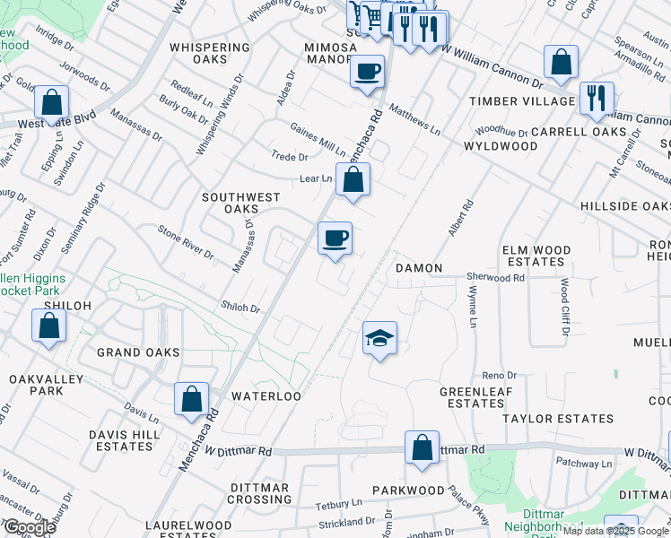 map of restaurants, bars, coffee shops, grocery stores, and more near 7731 Menchaca Road in Austin