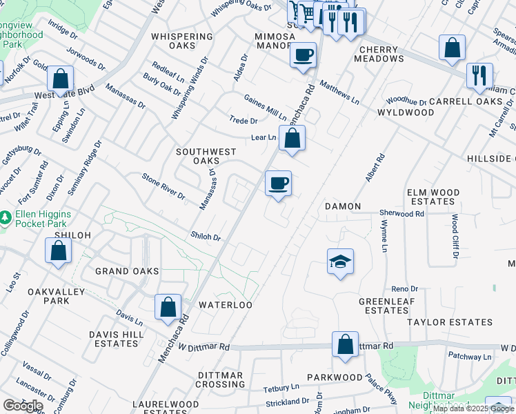 map of restaurants, bars, coffee shops, grocery stores, and more near 7811 Manchaca Road in Austin