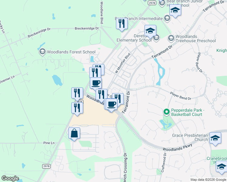 map of restaurants, bars, coffee shops, grocery stores, and more near 10851 East Montfair Boulevard in Spring
