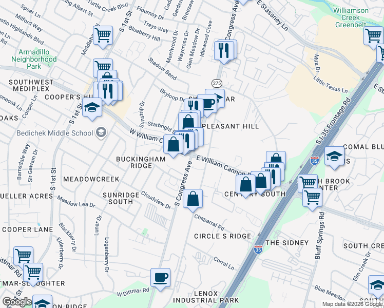 map of restaurants, bars, coffee shops, grocery stores, and more near 100 West William Cannon Drive in Austin