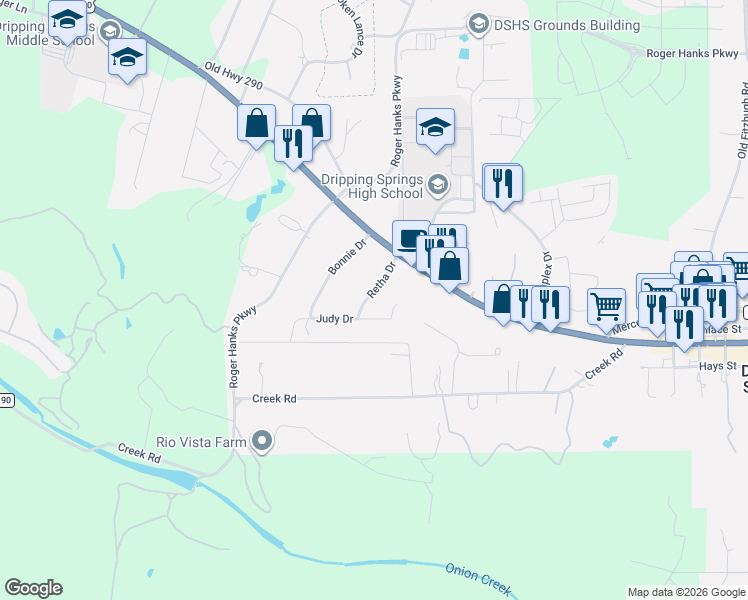 map of restaurants, bars, coffee shops, grocery stores, and more near 107 Retha Drive in Dripping Springs