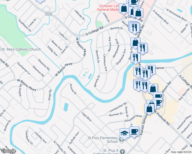 map of restaurants, bars, coffee shops, grocery stores, and more near 417 Beverly Drive in Lafayette