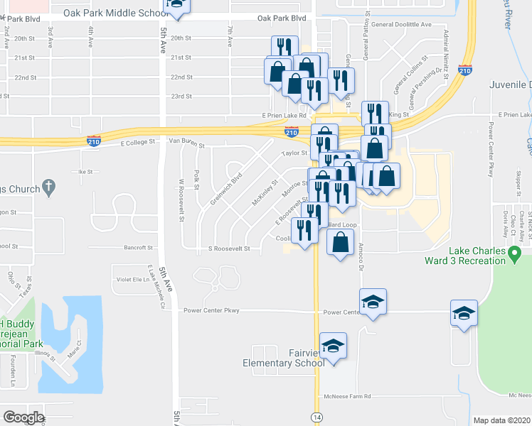 map of restaurants, bars, coffee shops, grocery stores, and more near 3547 Monroe Street in Lake Charles