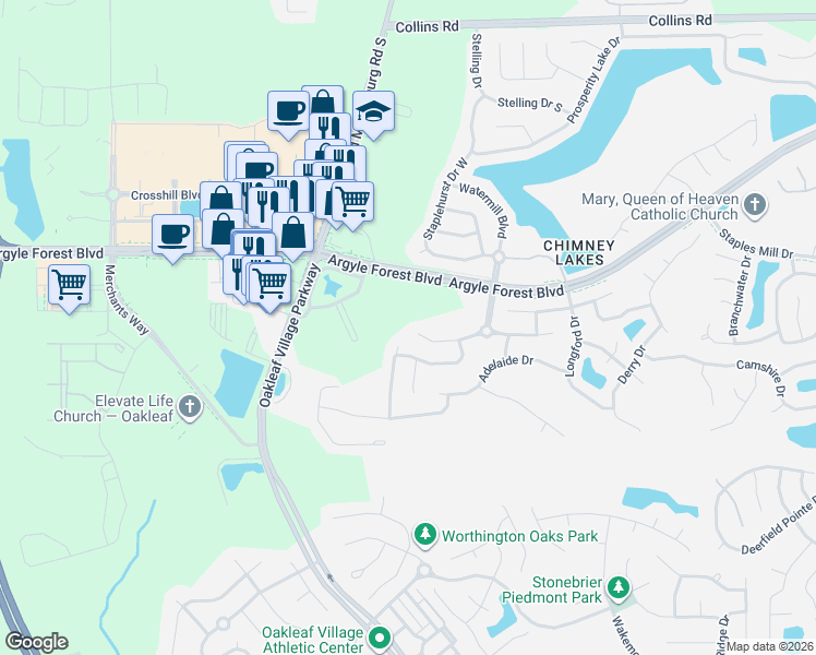 map of restaurants, bars, coffee shops, grocery stores, and more near 9596 Maidstone Mill Drive West in Jacksonville