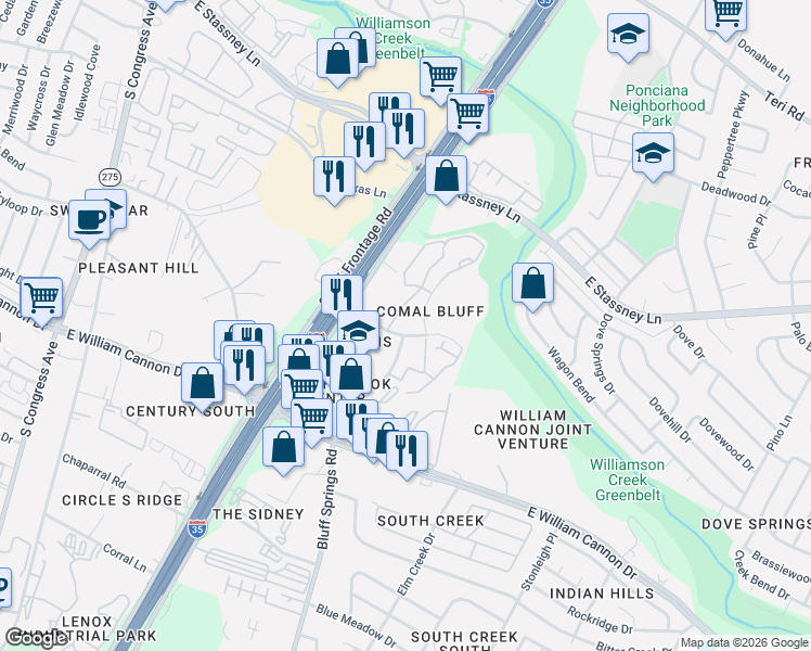 map of restaurants, bars, coffee shops, grocery stores, and more near 6201 South Interstate 35 Frontage Road in Austin