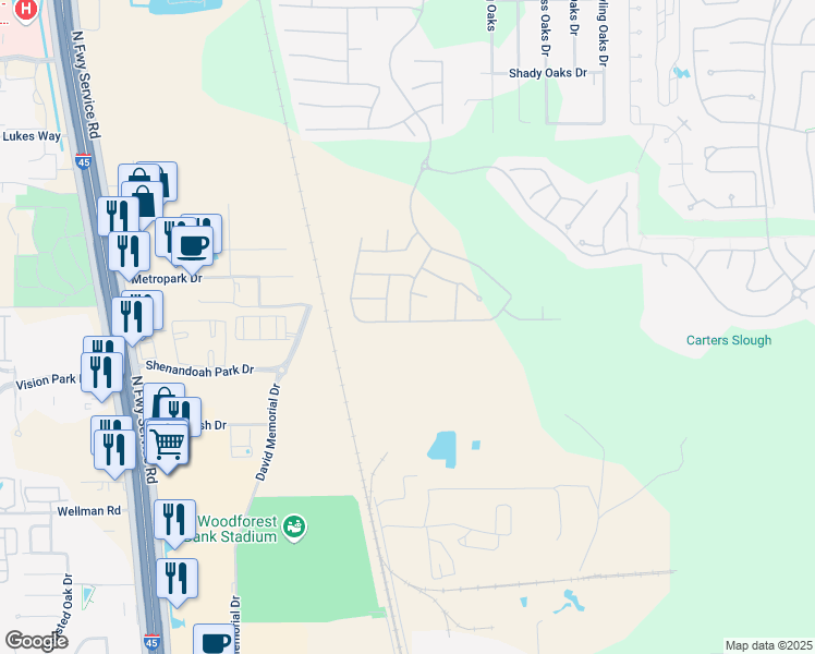 map of restaurants, bars, coffee shops, grocery stores, and more near 8787 Shenandoah Park Drive in Shenandoah