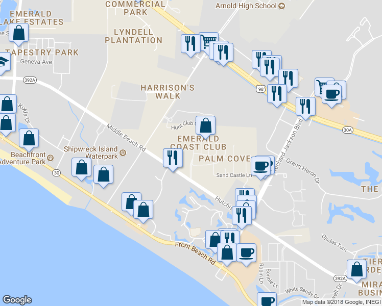 map of restaurants, bars, coffee shops, grocery stores, and more near 203 Emerald Coast Club Boulevard in Panama City Beach