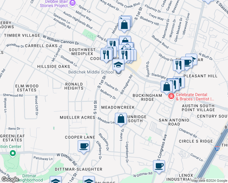 map of restaurants, bars, coffee shops, grocery stores, and more near 503 Thelma Drive in Austin