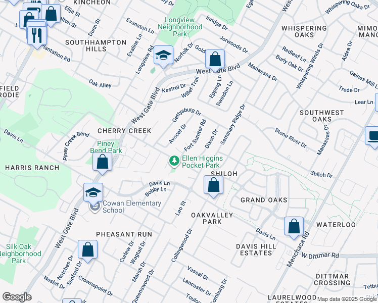 map of restaurants, bars, coffee shops, grocery stores, and more near 8309 Fort Sumter Road in Austin