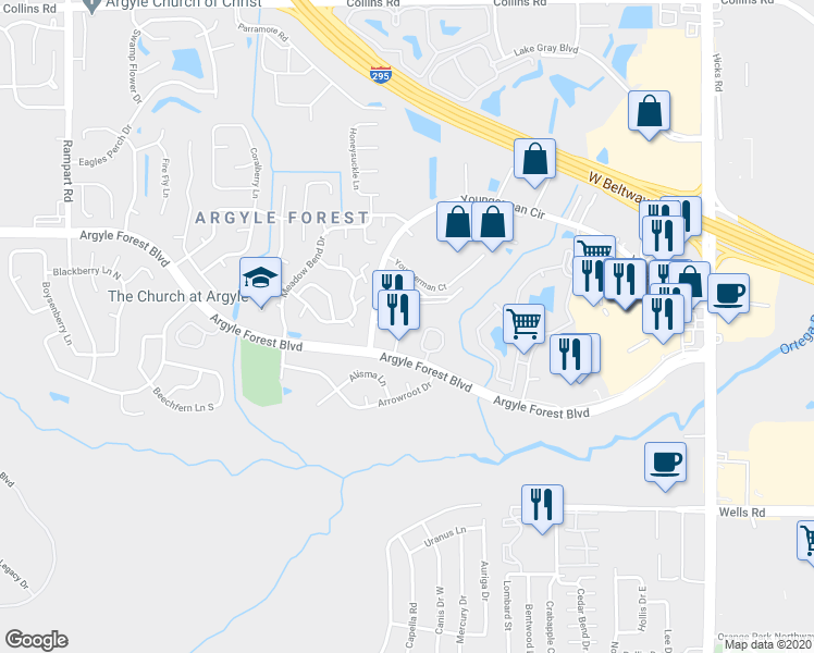map of restaurants, bars, coffee shops, grocery stores, and more near 6601 Argyle Forest Blvd in Jacksonville