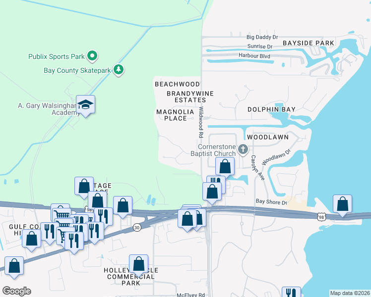 map of restaurants, bars, coffee shops, grocery stores, and more near 300 Cove Villa Street in Panama City Beach