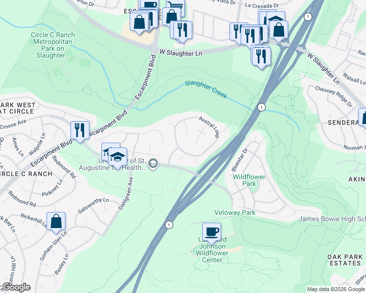 map of restaurants, bars, coffee shops, grocery stores, and more near 5434 Austral Loop in Austin