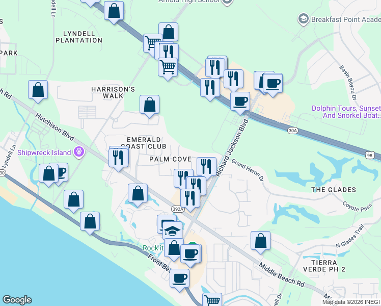 map of restaurants, bars, coffee shops, grocery stores, and more near 146 White Cap Way in Panama City