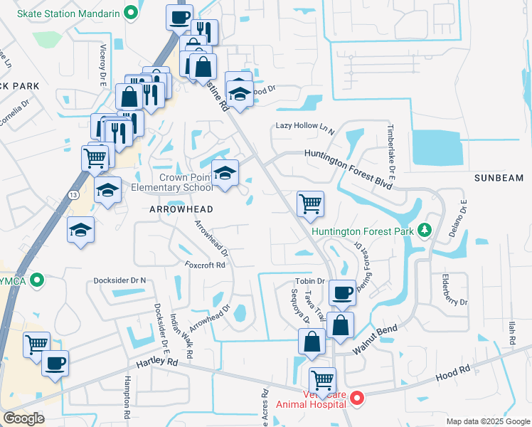 map of restaurants, bars, coffee shops, grocery stores, and more near 4000 Augustine Green Court in Jacksonville