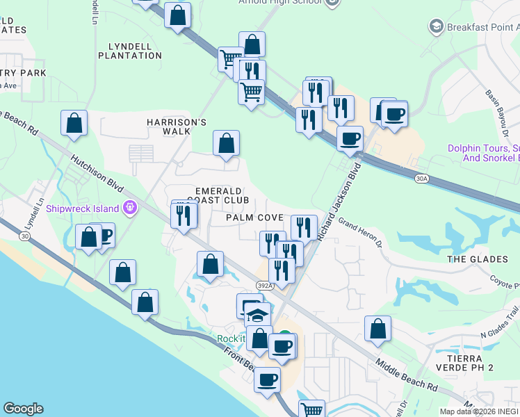 map of restaurants, bars, coffee shops, grocery stores, and more near 11717 Cabana Court in Panama City Beach