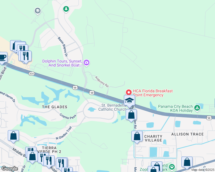 map of restaurants, bars, coffee shops, grocery stores, and more near Augusta Road in Panama City Beach