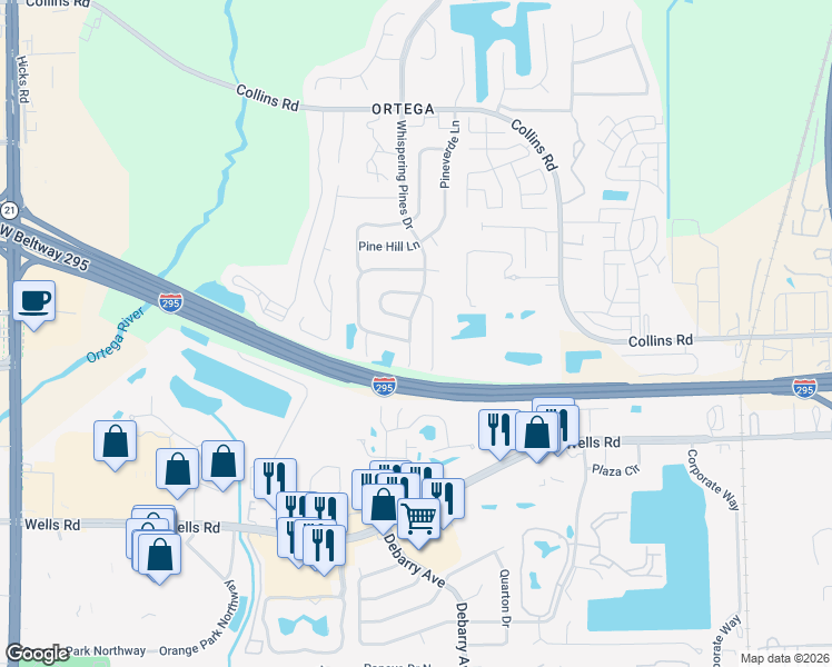 map of restaurants, bars, coffee shops, grocery stores, and more near 8749 Whispering Pines Drive in Jacksonville