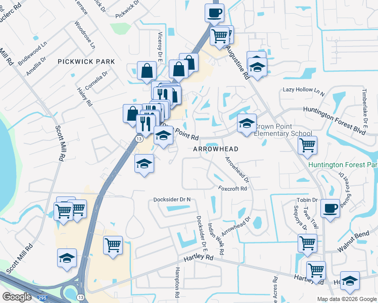 map of restaurants, bars, coffee shops, grocery stores, and more near 3720 Buffalo Landing Court in Jacksonville