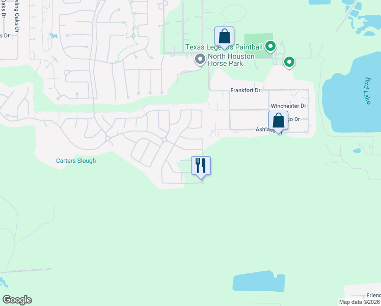 map of restaurants, bars, coffee shops, grocery stores, and more near 1202 Ashland Drive in Conroe