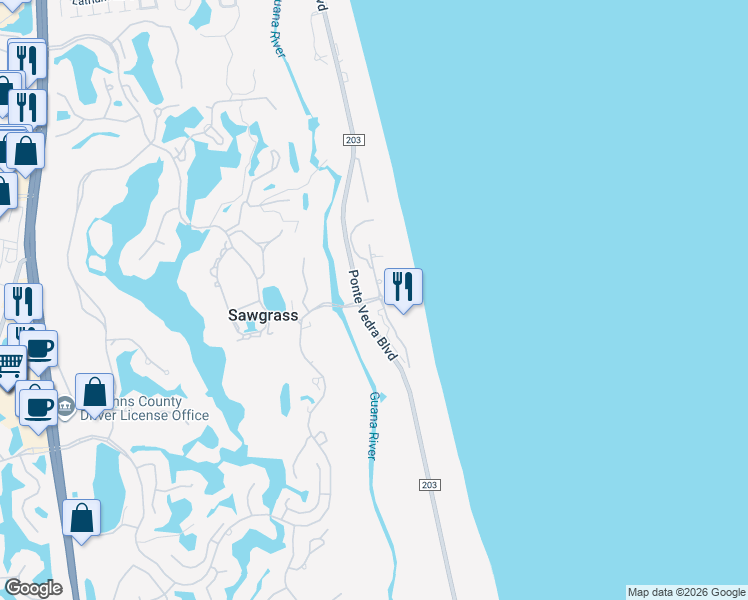 map of restaurants, bars, coffee shops, grocery stores, and more near 742 Spinnakers Reach Drive in Ponte Vedra Beach